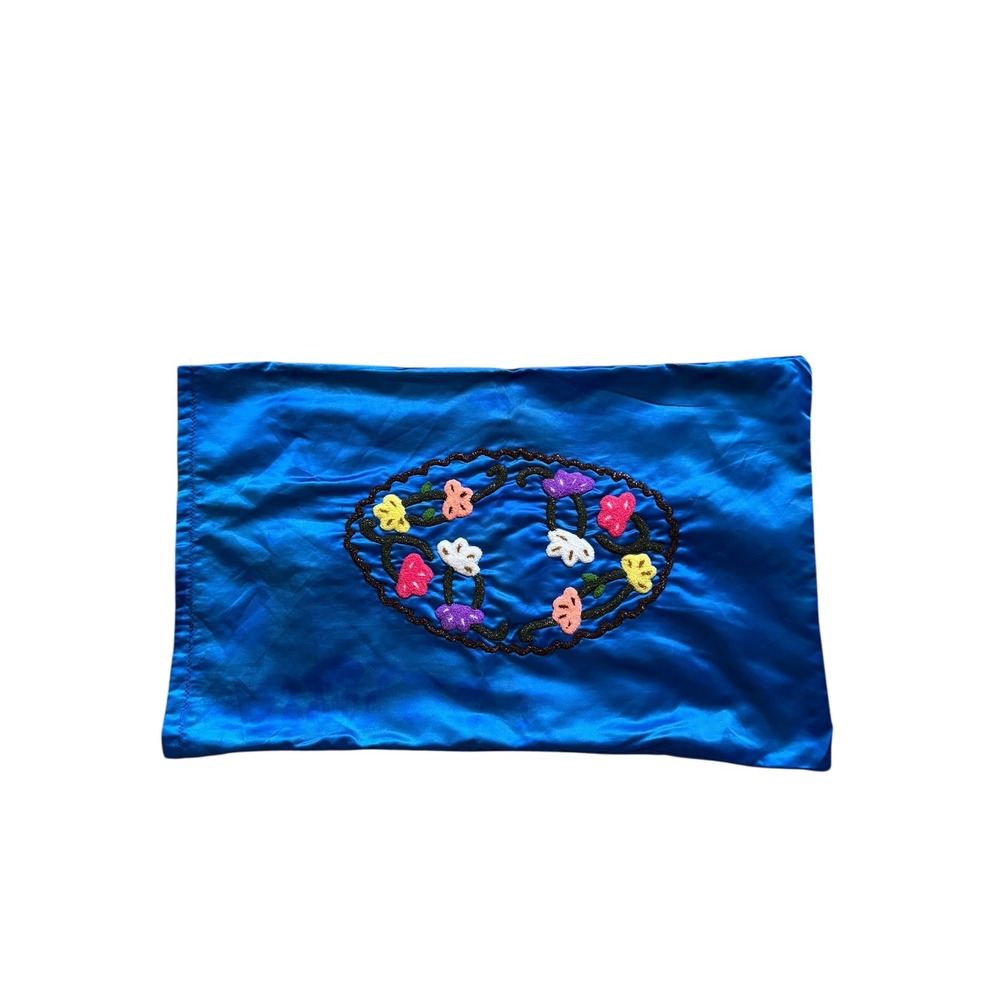 Handmade‎ Blue Satin Pillowcase Embroidered Floral Design 26x15 Good Condition